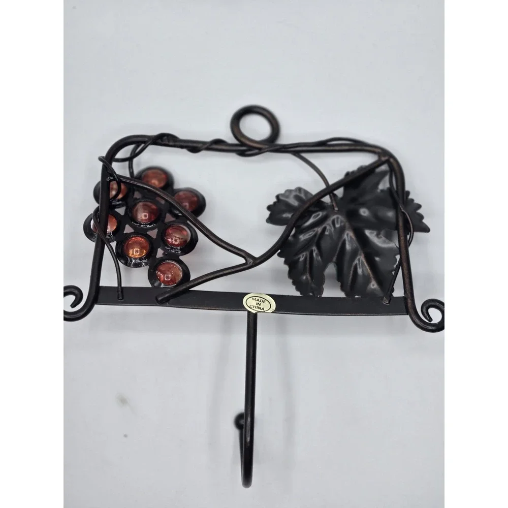 Two Vintage Metal Wall Mounted Racks with Hooks - Marble Grapes & Vine Design